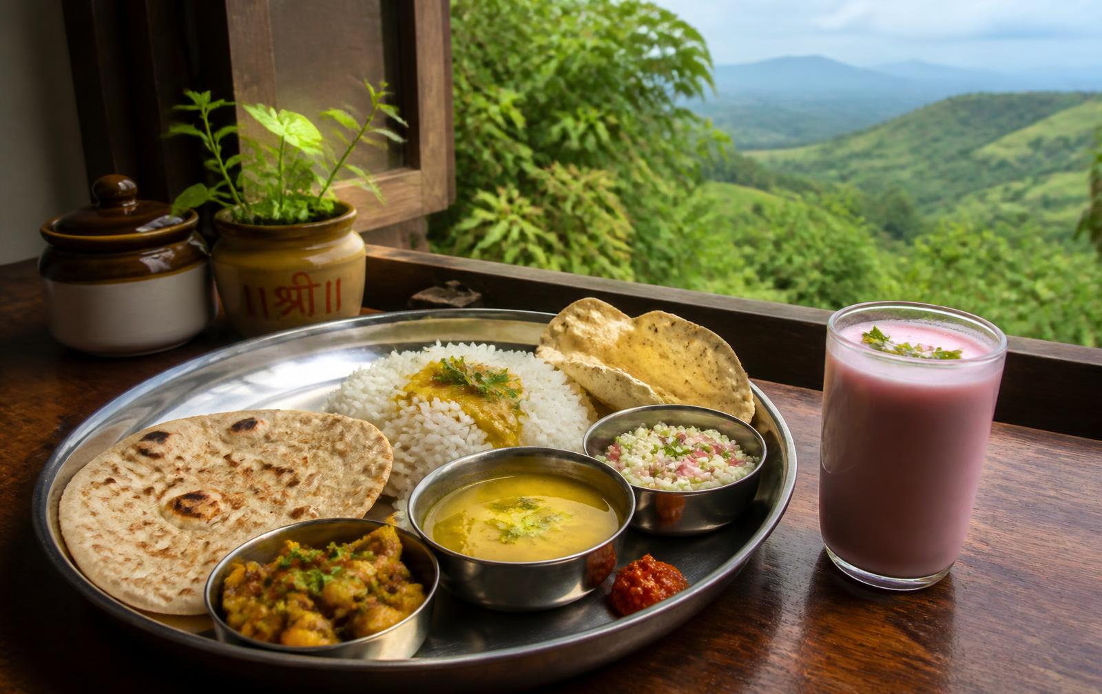Maharashtrian lunch thali with bhakri, dal, rice, koshimbir and solkadhi by a valley window