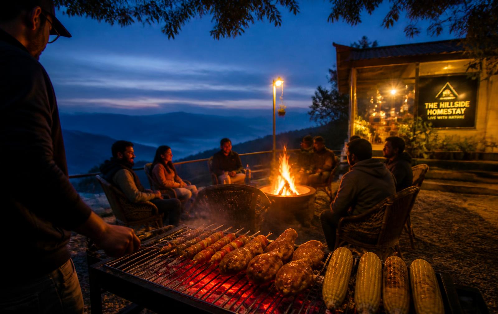 Charcoal barbecue with kebabs and corn beside a bonfire at the hillside homestay