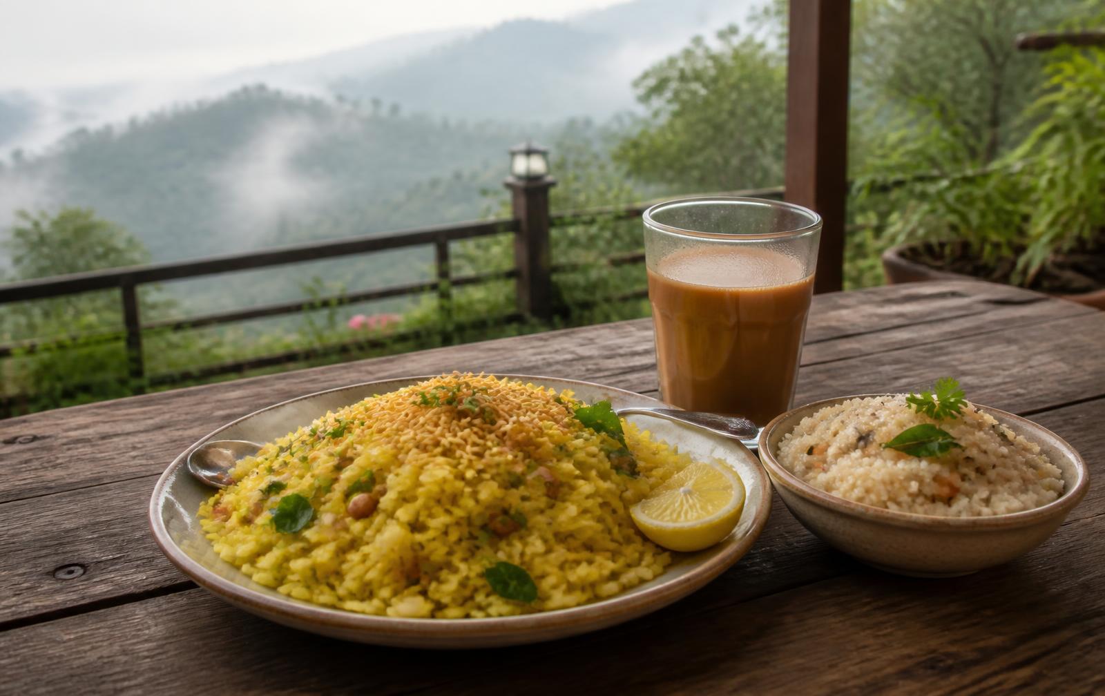 Kanda poha, upma and masala chai served on the misty valley patio at Shalgar Villa