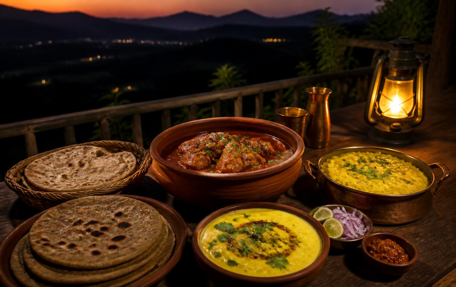 Evening dinner of village chicken rassa, pithla bhakri and dal khichdi by lantern light